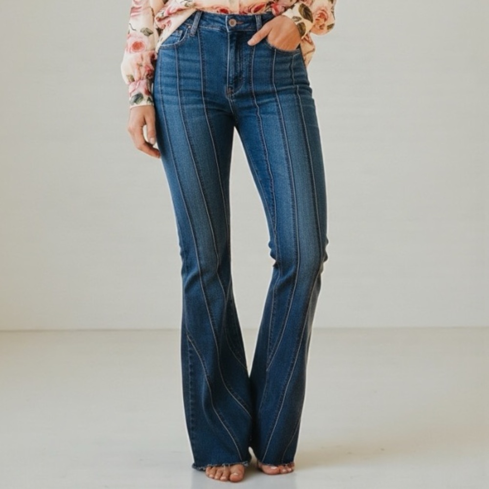 Purple Candy Stretch Flared Panel Jeans with Raw Hem – Size M